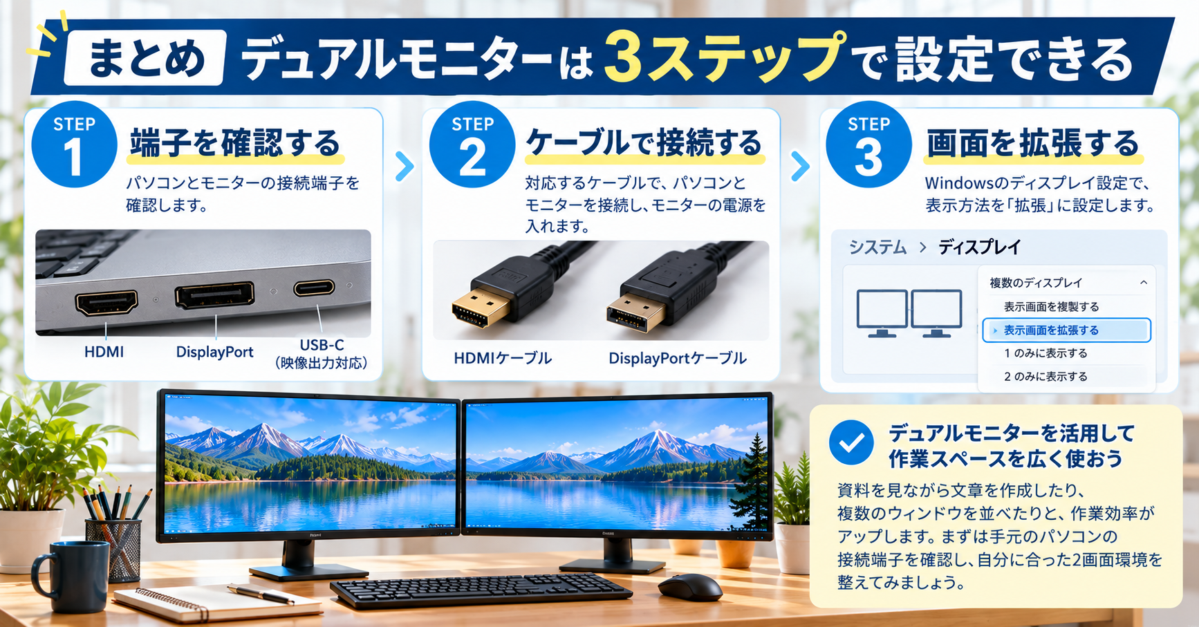まとめ|デュアルモニターは3ステップで設定できる