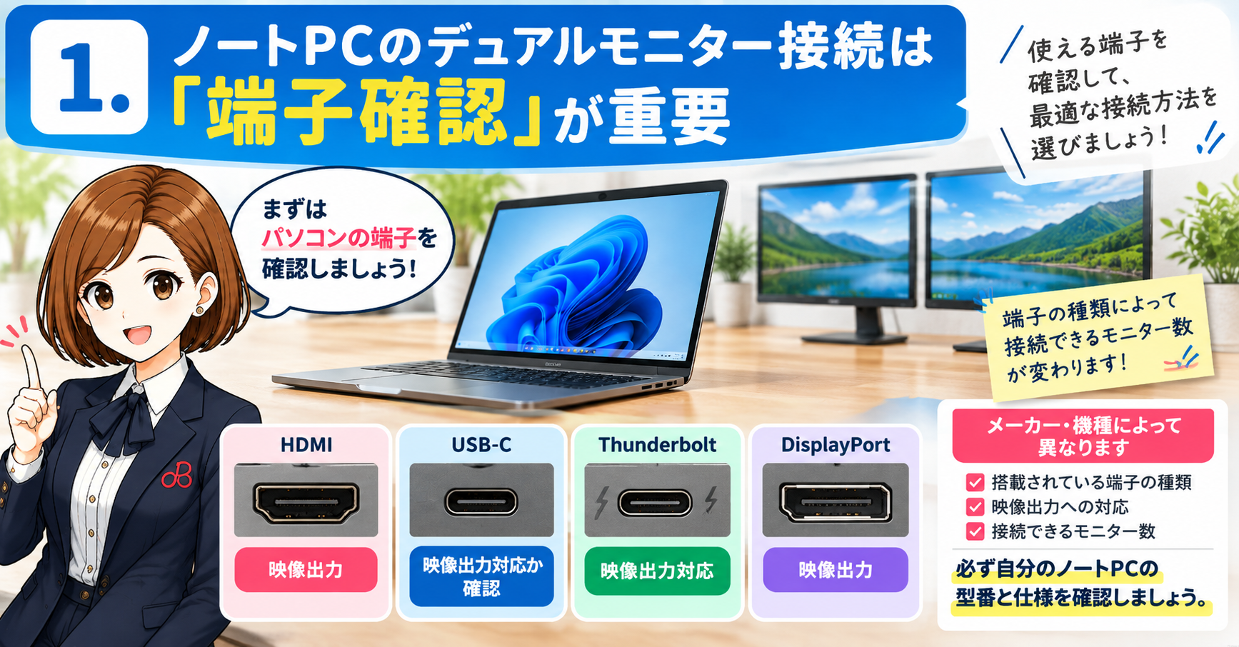 1.ノートPCのデュアルモニター接続は「端子確認」が重要