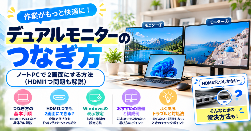 デュアルモニターのつなぎ方｜ノートPCで2画面にする方法（HDMI1つ問題も解説）