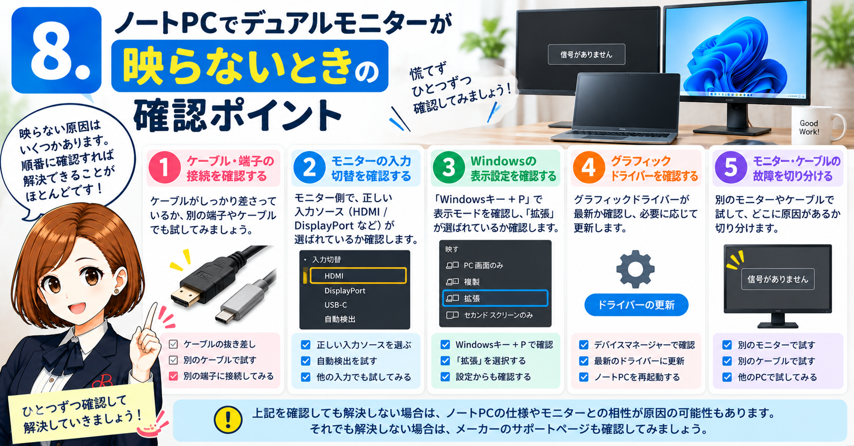 8．ノートPCでデュアルモニターが映らないときの確認ポイント
