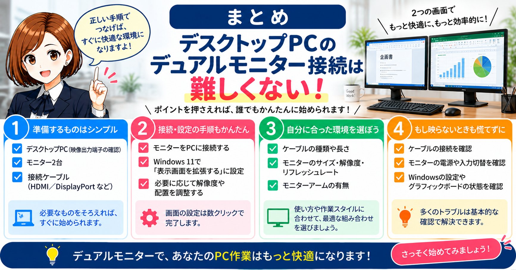 12.まとめ|デスクトップPCのデュアルモニター接続は難しくない