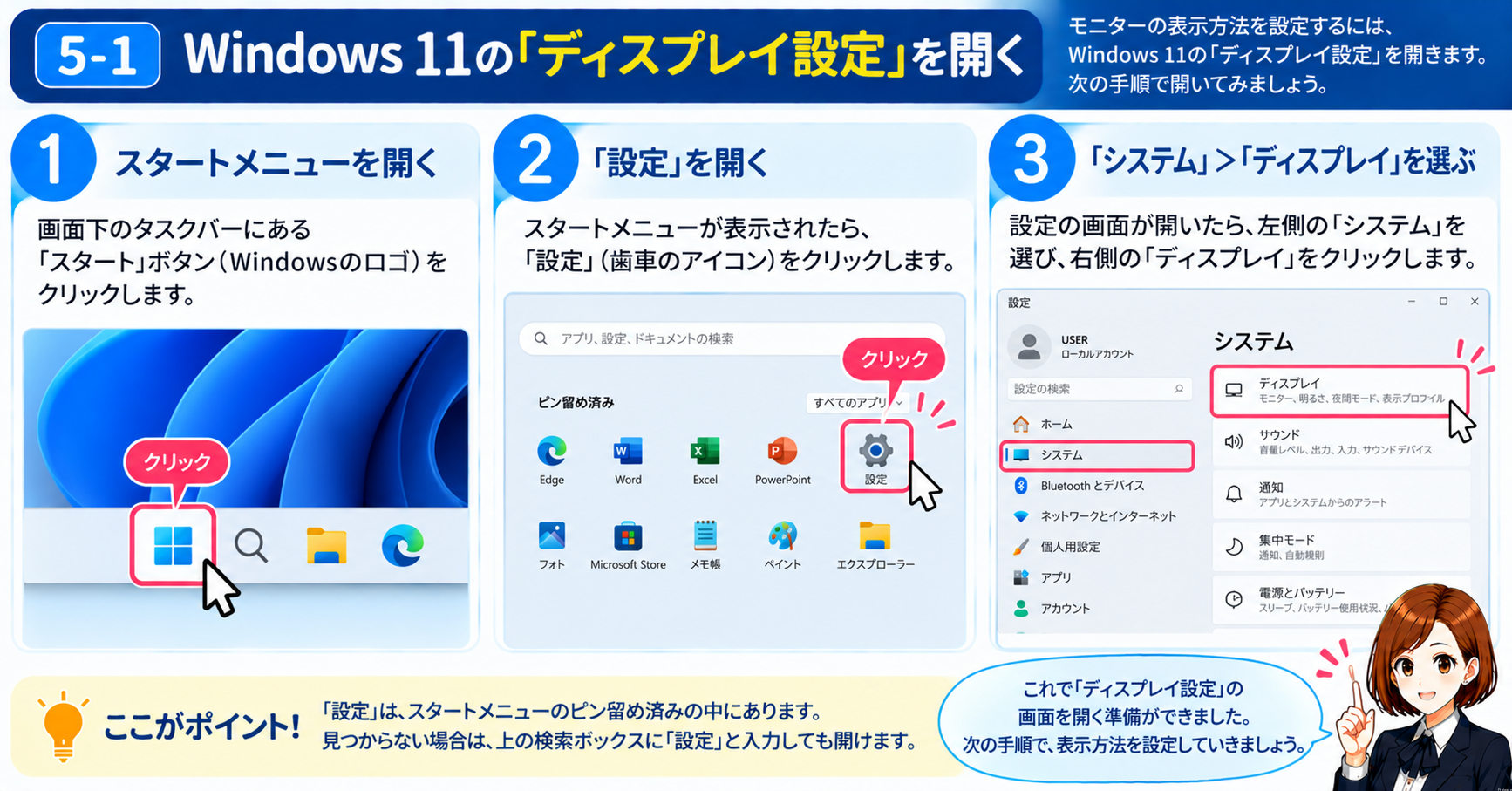 5-1．Windows 11の「ディスプレイ設定」を開く