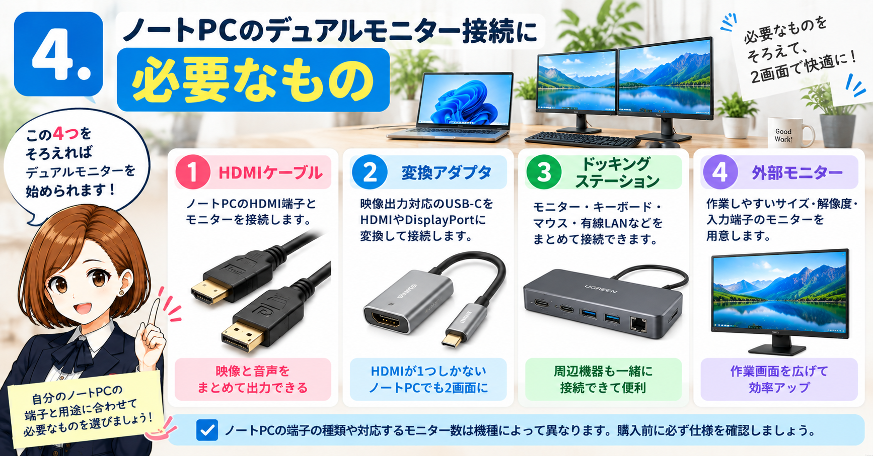 4．ノートPCのデュアルモニター接続に必要なもの