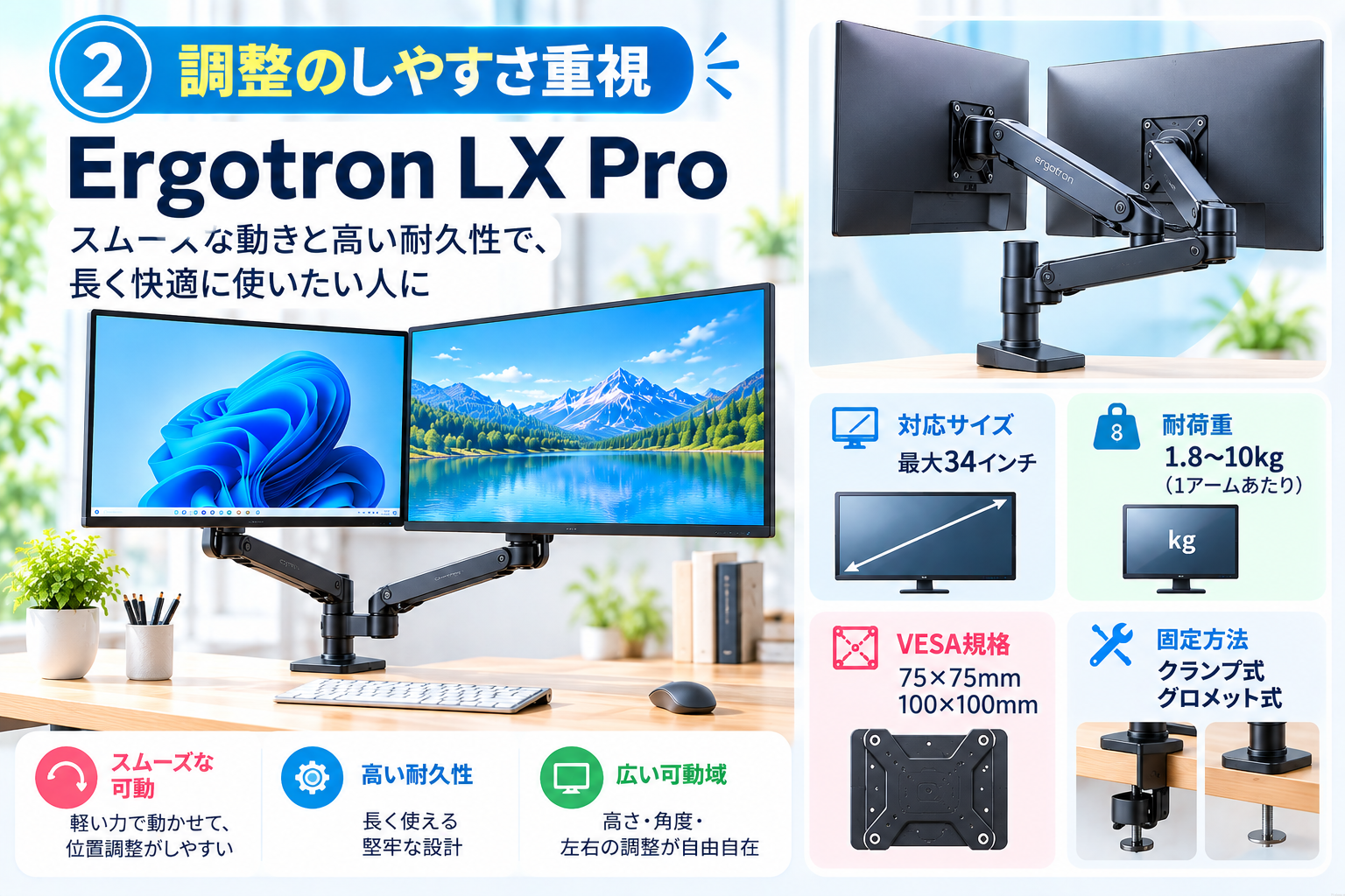  Ergotron LX Pro｜調整のしやすさ重視