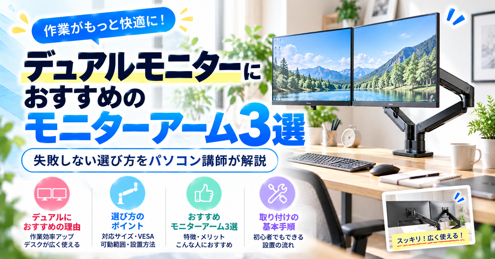 デュアルモニターにおすすめのモニターアーム3選｜失敗しない選び方【パソコン講師が解説】