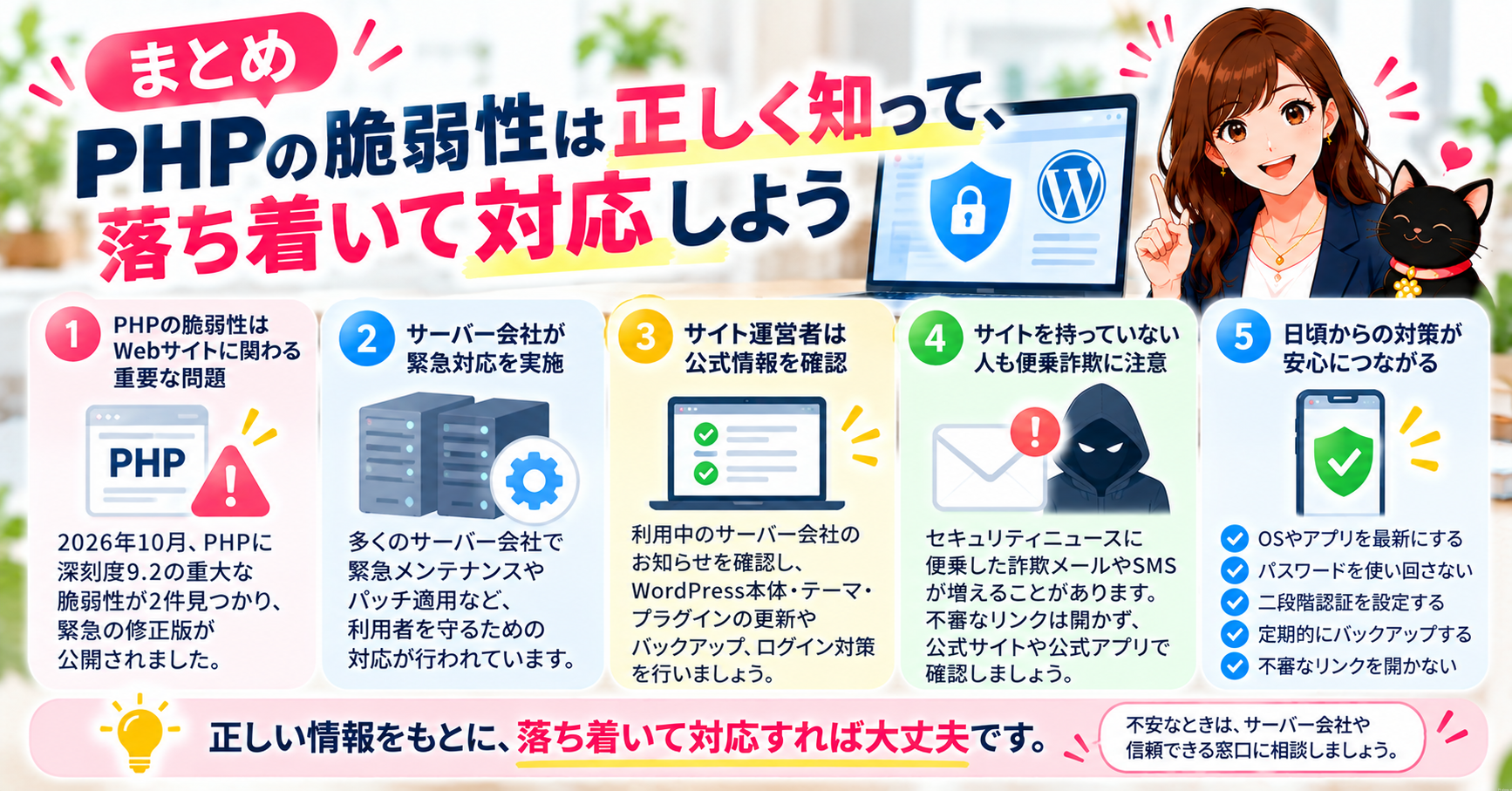 ⑧ まとめ|PHPの脆弱性は正しく知って、落ち着いて対応しよう
